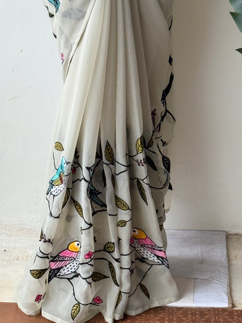 Light grey bird emb georgette saree