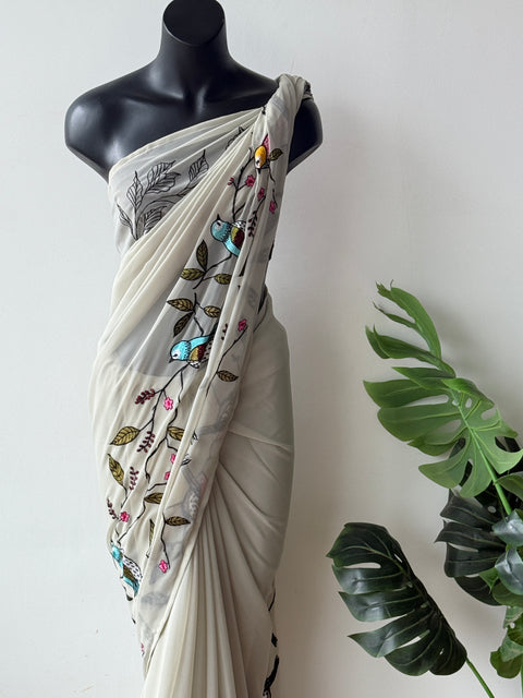 Light grey bird emb georgette saree