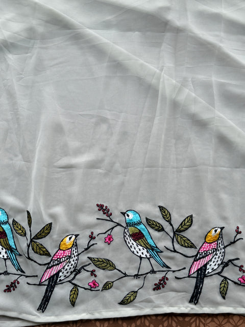 Light grey bird emb georgette saree