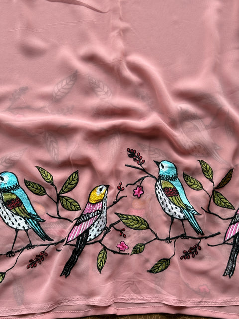 Pink bird emb georgette saree