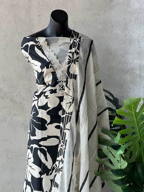 V lace neck printed cotton salwar material