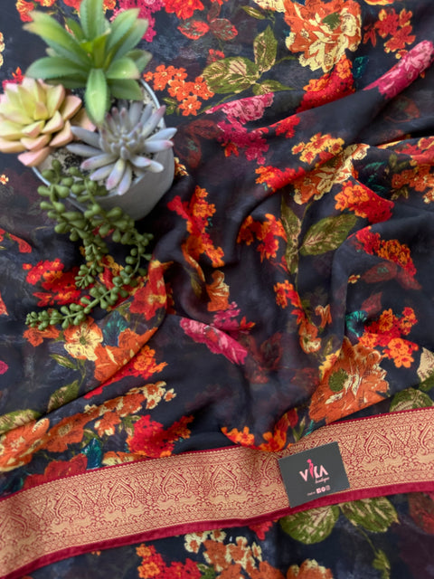 Colourful floral marble chiffon saree
