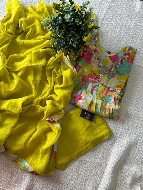 Alia cut Floral printed pure chinnon ready suit set