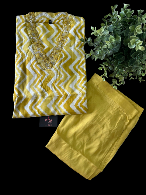 V neck zigzag printed muslin ready kurti pant