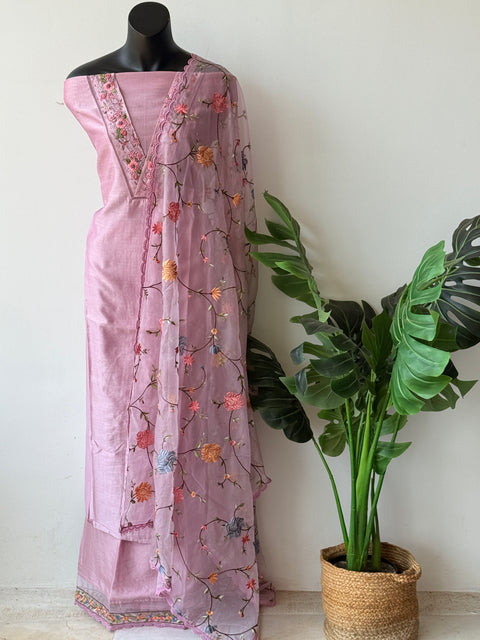 V neck emb pure muslin salwar material