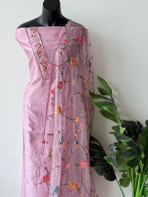 V neck emb pure muslin salwar material