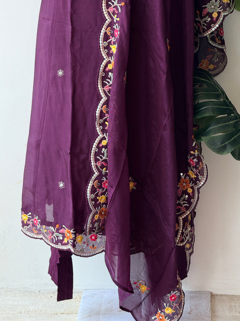 Purple neck work georgette kurti pant set