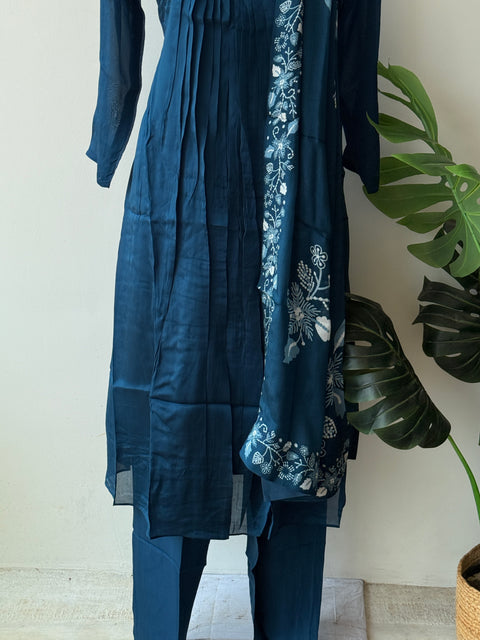 Blue neck work chinnon kurti pant set