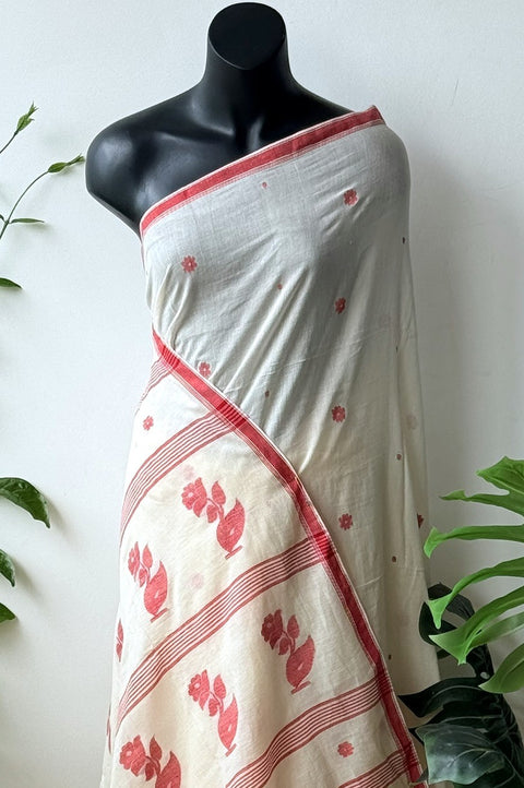 Handspun pure jamdani cotton saree - Cream