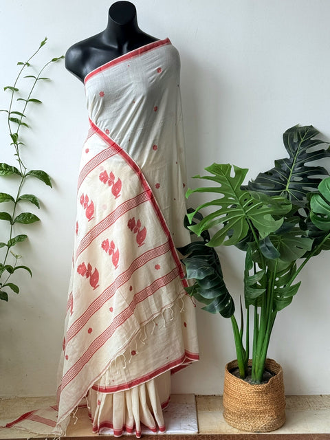 Handspun pure jamdani cotton saree - Cream