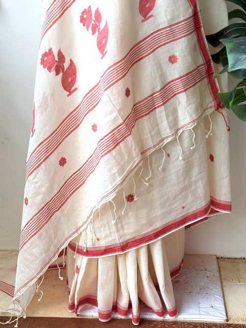 Handspun pure jamdani cotton saree - Cream