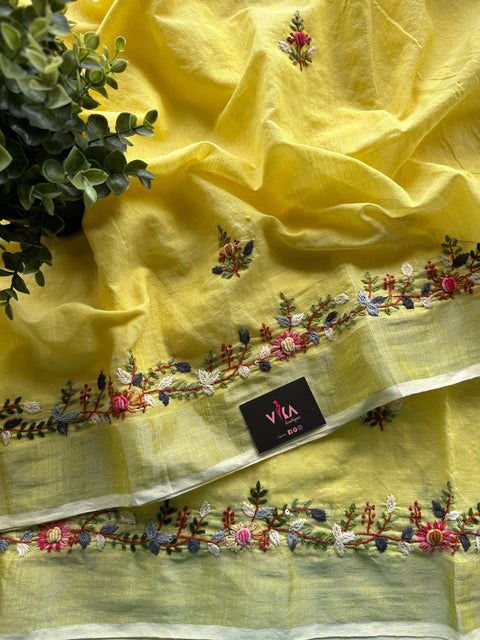 Hand embroidery cotton saree - yellow