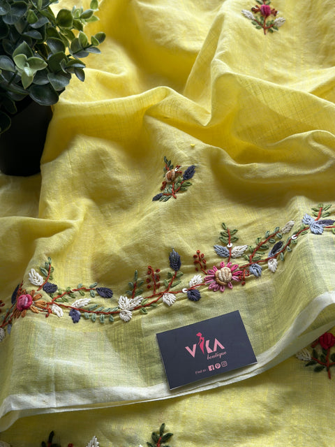 Hand embroidery cotton saree - yellow
