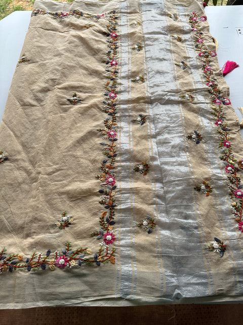 Hand embroidery cotton saree - Beige
