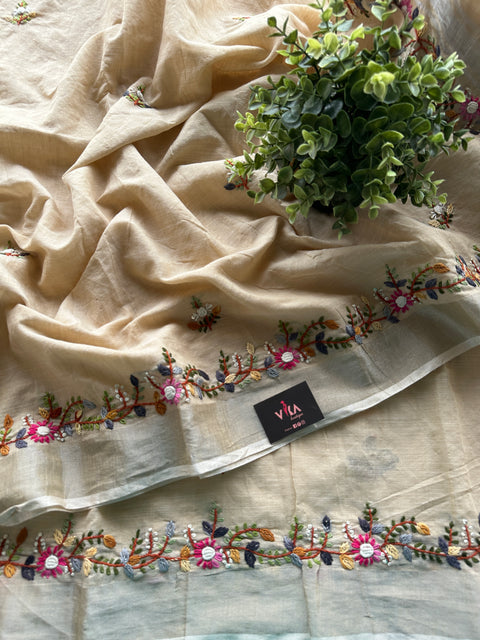 Hand embroidery cotton saree - Beige
