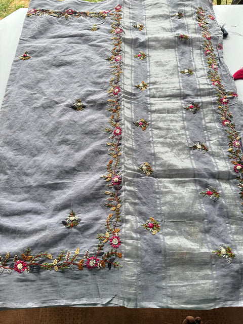 Hand embroidery cotton saree - Blueish Grey