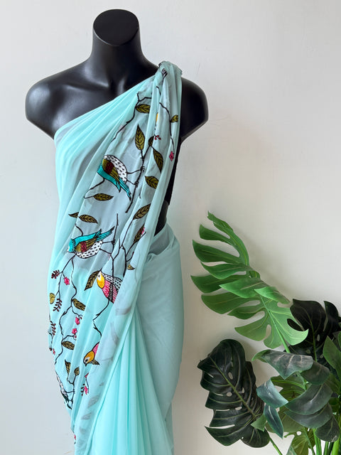 Sky Blue bird emb georgette saree