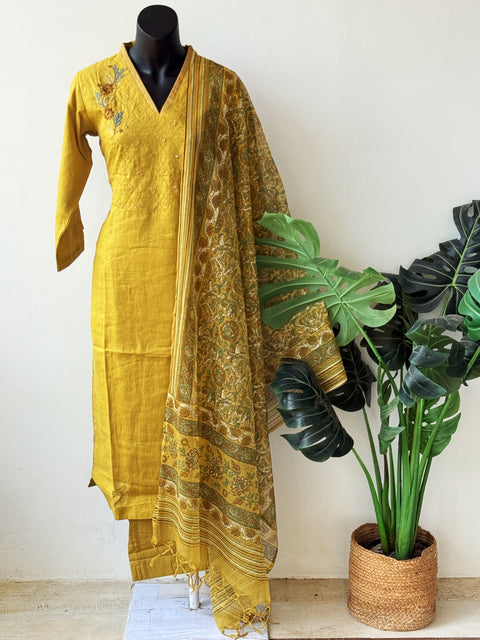 V neck Musturd yellow linen suit set