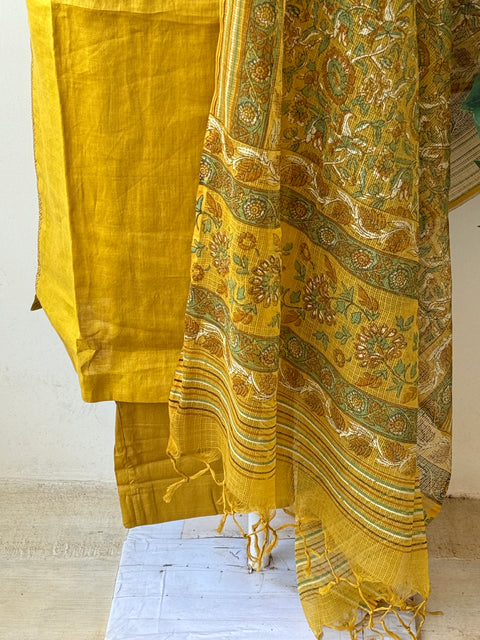 V neck Musturd yellow linen suit set