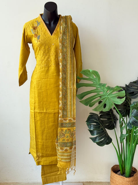 V neck Musturd yellow linen suit set