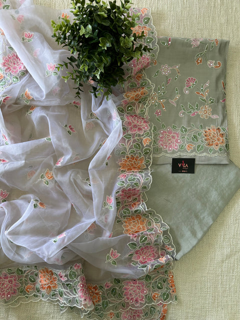 Emb Roman silk unstitched suit material - Pale Green