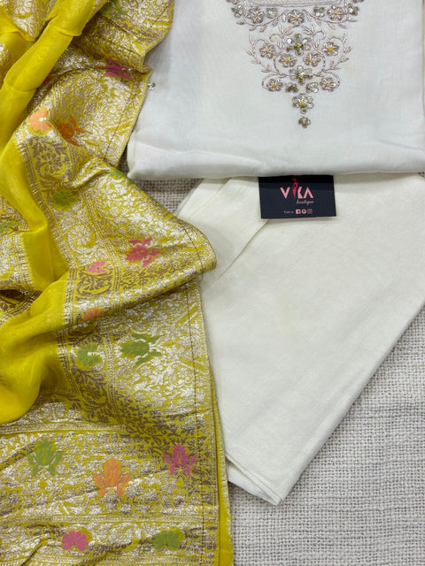 Offwhite/yellow semi stitched salwar material