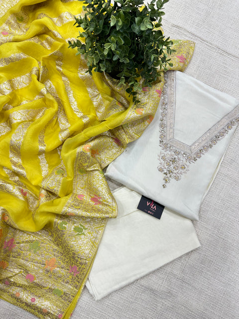 Offwhite/yellow semi stitched salwar material