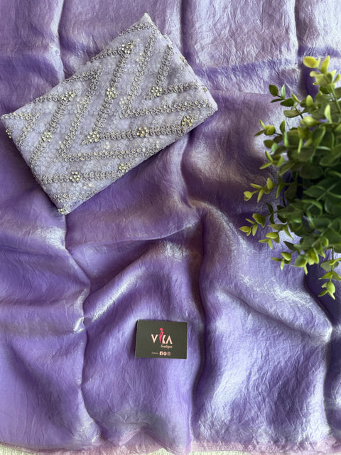 Lavender shiny tissue organza saree
