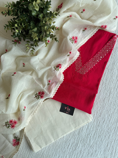 V neck suit set with emb dupatta