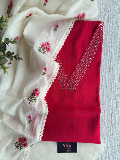 V neck suit set with emb dupatta