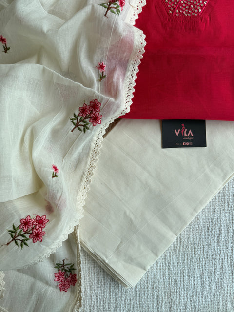 V neck suit set with emb dupatta