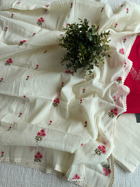 V neck suit set with emb dupatta