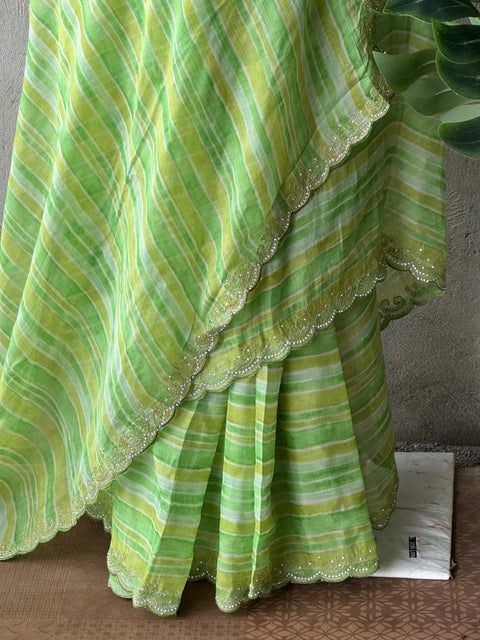 Green striped chiffon saree