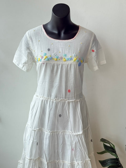 White jamdhani layered gown