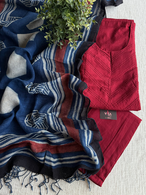 Silk cotton suit set with linen dupatta