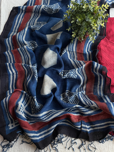 Silk cotton suit set with linen dupatta