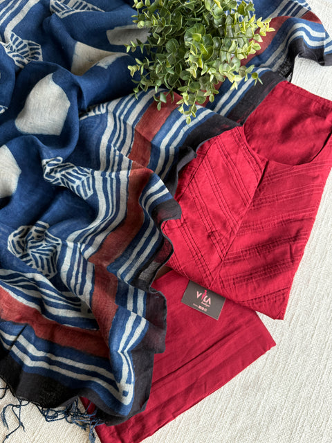 Silk cotton suit set with linen dupatta