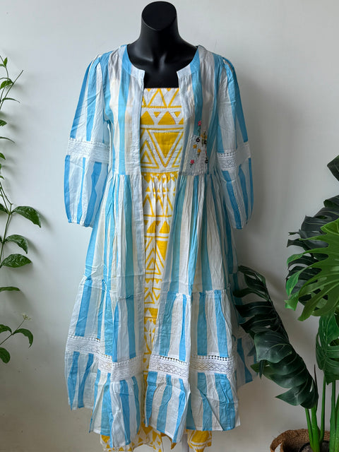 Yellow gown with Striped blue shrug