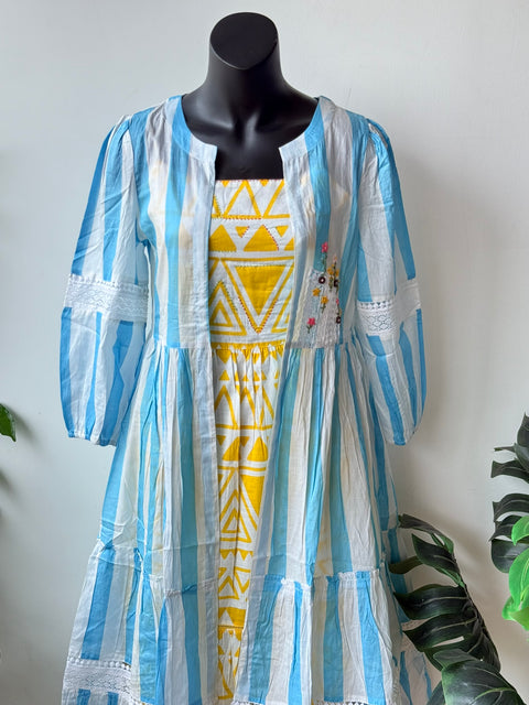 Yellow gown with Striped blue shrug
