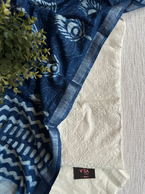 Emb cotton suit with printed linen dupatta