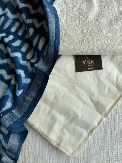 Emb cotton suit with printed linen dupatta