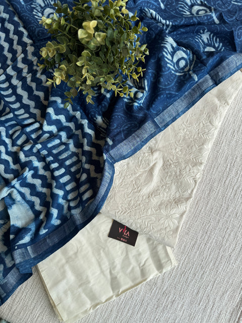 Emb cotton suit with printed linen dupatta