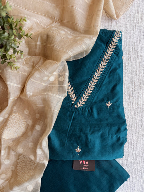 V neck silk cotton suit set