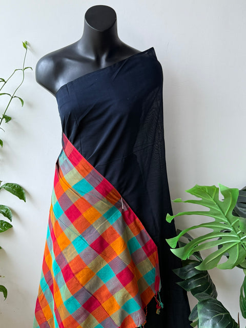 Black multicheck silk cotton saree