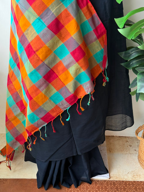 Black multicheck silk cotton saree