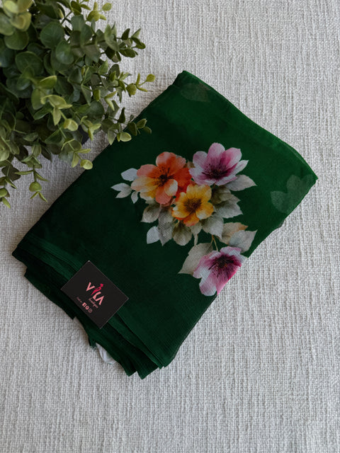 Digital floral printed pure chiffon saree- Bottle Green