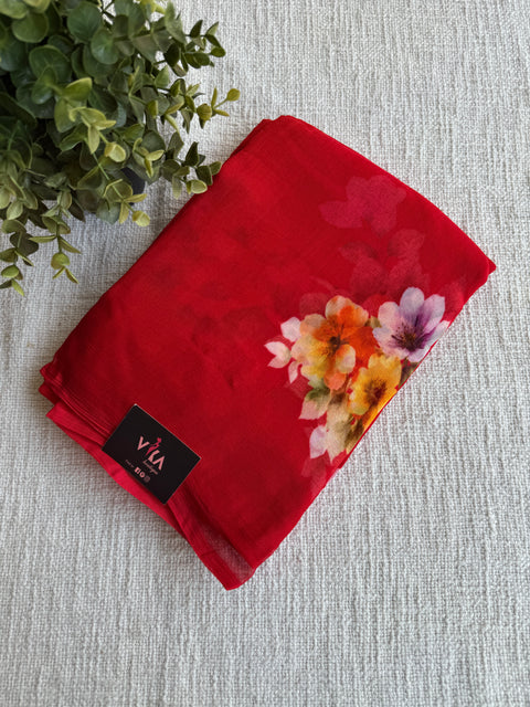 Digital floral printed pure chiffon saree- Red