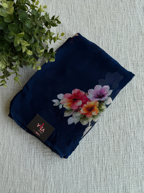 Digital floral printed pure chiffon saree - Midnight Blue
