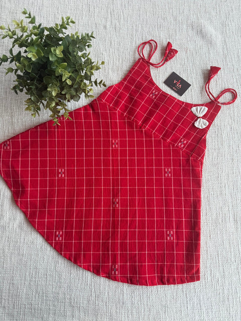 Red Checked Jamdani cotton kids frock