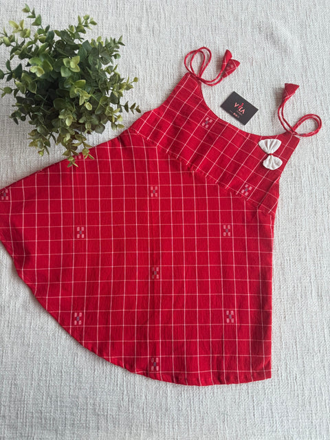 Red Checked Jamdani cotton kids frock